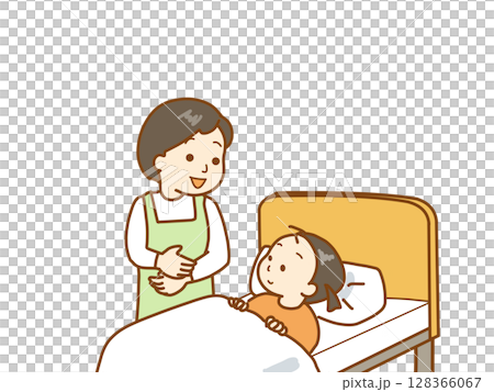 A mother accompanies her hospitalized child in the hospital room 128366067