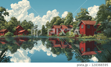 スウェーデンの穏やかな湖畔に佇む伝統的な赤い木造家屋と美しいリフレクション 128366595