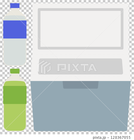 Plastic bottles of water and tea and a cooler box 128367055