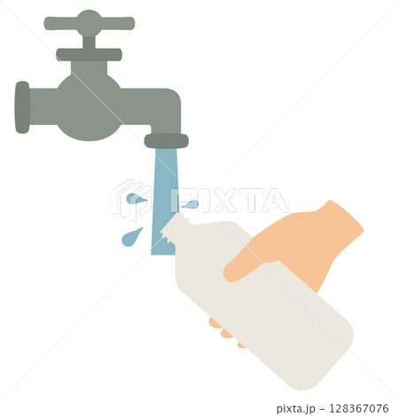 手で持つペットボトルを水道の蛇口の水で洗う様子 128367076