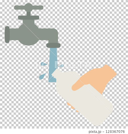 手で持つペットボトルを水道の蛇口の水で洗う様子 128367076