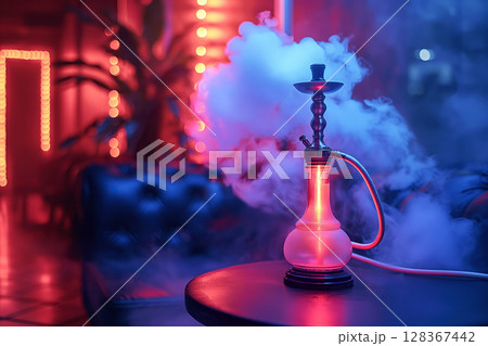 hookah shisha in smoke on table in cafe bar with neon light close-up on multicolored background 128367442