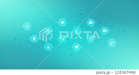 Medical background with flat icons and symbols. Template design with concept and idea for the healthcare technology, innovation medicine, health, science, and research 128367490