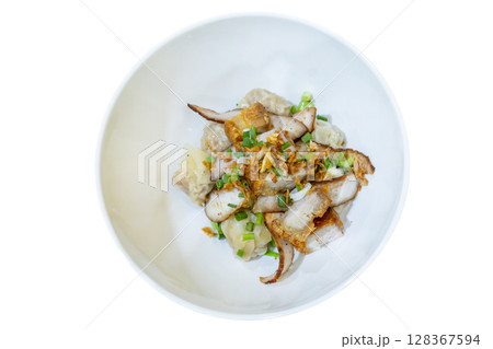 Top view of Dried dumplings with roast pork, focus selective 128367594