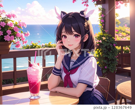 カフェでドリンクを飲む女子高生 128367649