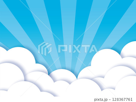切り紙のように重なるシンプルな入道雲と放射光 128367761