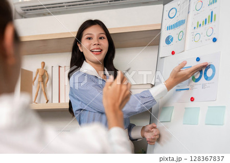 Effective Communication in Business. Professional woman presenting data to colleagues in a meeting. 128367837