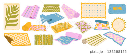 Cozy wool carpets and bath rugs. Decorative floor mats with various shapes and textures 128368133