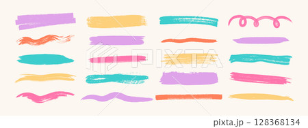 Chalk underline stroke set. Hand drawn crayon, pastel, and pencil highlight lines. Vector illustration. Chalk underline stroke set. Hand drawn crayon, pastel, and pencil highlight lines. Vector illustration. 128368134