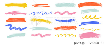 Hand drawn colorful chalk underline and swirl lines. Crayon brush strokes, wavy and spiral scrawls. Vector illustration on white background. 128368136