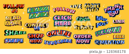 Call to action stickers. Modern text in trendy retro style. Y2k aesthetic. Action labels for social networks 128368178
