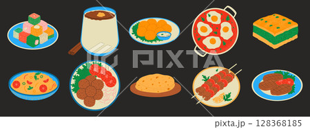 Turkish national food collection. Traditional dishes. Baklava, rahat lukum, boza, shish tawook, couscous, kofta, flatbread Turkish national food collection. Traditional dishes. Baklava, rahat lukum, boza, shish tawook, couscous, kofta, flatbread 128368185