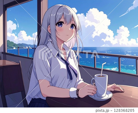 海の見えるカフェでコーヒーを飲む女性 128368205