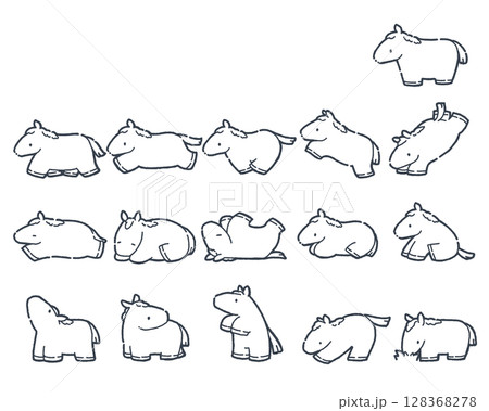 かわいいミニ馬のセット_線画 かわいいミニ馬のセット_線画 128368278