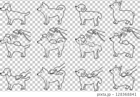 いろいろな犬のポーズ 線画 128368841