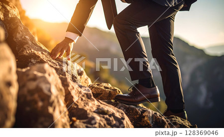 崖をスーツ姿のビジネスマンが登る風景 128369046