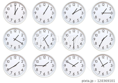 A set of 12 white analog wall clocks showing each hour from 01:00 to 01:55 or 13:00 to 13:55. Isolated on white background, suitable for time concept. 128369101