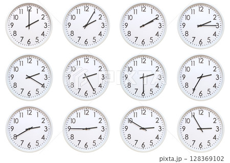 A set of 12 white analog wall clocks showing each hour from 02:00 to 02:55 or 14:00 to 14:55. Isolated on white background, suitable for time concept. A set of 12 white analog wall clocks showing each hour from 02:00 to 02:55 or 14:00 to 14:55. Isolated on white background, suitable for time concept. 128369102