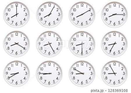 A set of 12 white analog wall clocks showing each hour from 08:00 to 08:55 or 20:00 to 20:55. Isolated on white background, suitable for time concept. 128369108