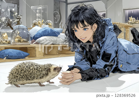 ハリネズミカフェ ハリネズミと触れ合う女性のイラスト素材 ハリネズミカフェ ハリネズミと触れ合う女性のイラスト素材 128369526