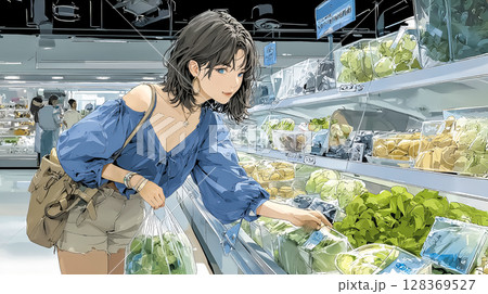 スーパーで野菜を買う若い女性のイラスト素材 128369527