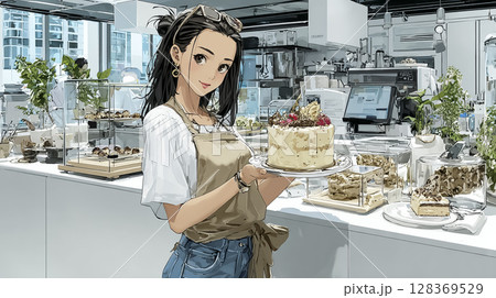 ケーキを作るパティシエのイラスト素材 128369529
