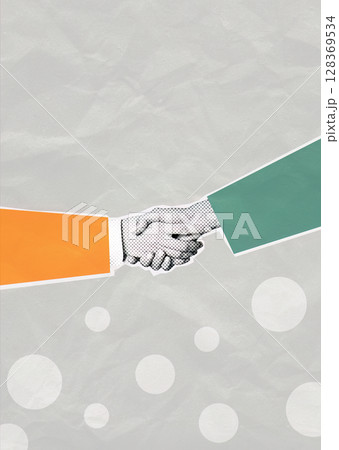 Contemporary Art Collage Depicting Business Handshake with Modern Geometric Elements and Vibrant Colors Contemporary Art Collage Depicting Business Handshake with Modern Geometric Elements and Vibrant Colors 128369534