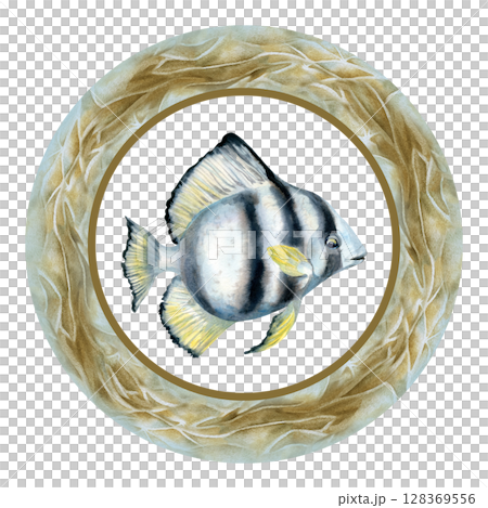 Black-white striped tropical fish in round frame with sea sand texture. Watercolor clip art in neutral colors on white background for sea design, tableware, posters, scrapbook, sticker, craft, textile 128369556
