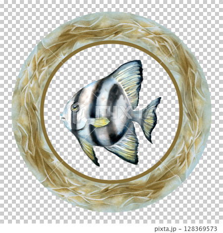 Black-white striped tropical fish in round frame with sea sand texture. Watercolor clip art in neutral colors on white background for sea design, tableware, posters, scrapbook, sticker, craft, textile 128369573