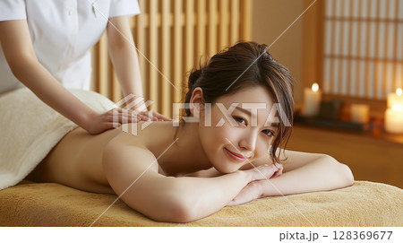 エステサロンでマッサージを受ける笑顔の若い女性の美容素材 128369677