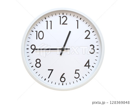 Wall clock showing 00:45 or 12:45. minimalist analog wall clock. suitable for time concept, deadline, schedule, or time zone visuals. Wall clock showing 00:45 or 12:45. minimalist analog wall clock. suitable for time concept, deadline, schedule, or time zone visuals. 128369848
