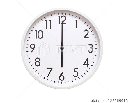 Wall clock showing 06:00 or 18:00. minimalist analog wall clock. suitable for time concept, deadline, schedule, or time zone visuals. 128369913
