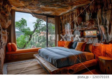 A bedroom with a bed and a bench, with a view of the mountains 128370103
