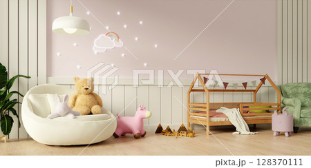 Childhood comfort in a cozy nursery interior design. 3D render illustration Childhood comfort in a cozy nursery interior design. 3D render illustration 128370111
