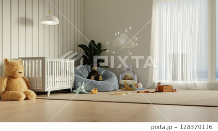 Childhood joy in a playful nursery with inviting elements. 3D render illustration Childhood joy in a playful nursery with inviting elements. 3D render illustration 128370116