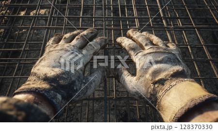 First-Person View of Securing Rebar for Concrete Foundation at Sunrise 128370330