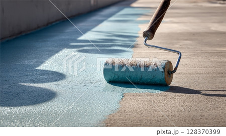 Photorealistic Application of Waterproof Sealant on Concrete Surface with Roller 128370399