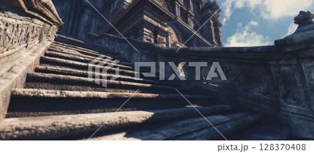 POV View of Climbing Steps to Historic Cathedral with Detailed Architecture 128370408