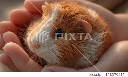 Photorealistic Close-Up of Guinea Pig in Cupped Hands, Fluffy Fur and Gentle Touch 128370415