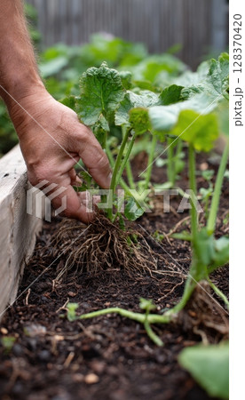 First-Person View of Weeding in a Raised Garden Bed with Vegetables 128370420