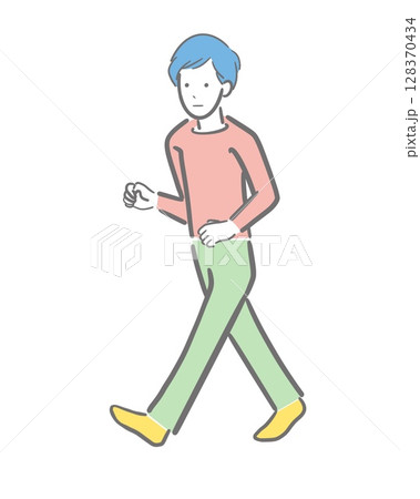 真顔で歩く若い男性のカラーのイラスト 128370434