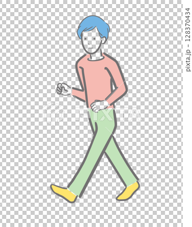 真顔で歩く若い男性のカラーのイラスト 128370434