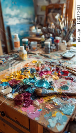 First-Person View of Mixing Vibrant Acrylic Paints on Palette in Artist's Studio 128370435