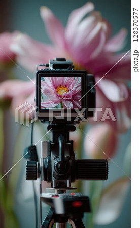 First-Person View of Macro Photography Setup with Flowers and Tripod 128370577