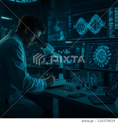 AI generated image of a scientist studying advanced molecular structure in a high tech biomedical laboratory with futuristic screens and microscope in focus AI generated image of a scientist studying advanced molecular structure in a high tech biomedical laboratory with futuristic screens and microscope in focus 128370614