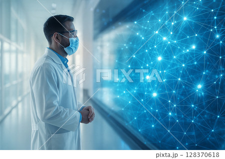 AI generated futuristic image of a scientist in a clean lab environment observing a glowing blue holographic data network that resembles genetic or neural systems with natural digital lighting blend 128370618