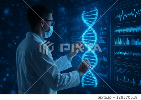 AI generated image showing a scientist analyzing digital DNA data in a high tech biomedical lab with glowing blue holograms representing genetic sequencing and real time bioinformatics 128370619