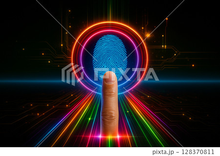 AI generated a realistic digital fingerprint scan scene with a glowing access interface highlighting cybersecurity identity verification in a futuristic data environment 128370811