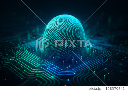 AI generated high resolution digital render showing a glowing biometric fingerprint dome over a futuristic cyber circuit board symbolizing identity verification and secure data systems 128370841