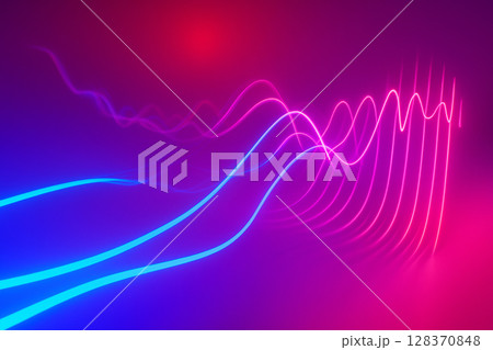 AI generated glowing pink and blue energy waves flowing across a purple and red digital background representing futuristic data transmission in a sci fi visual style 128370848